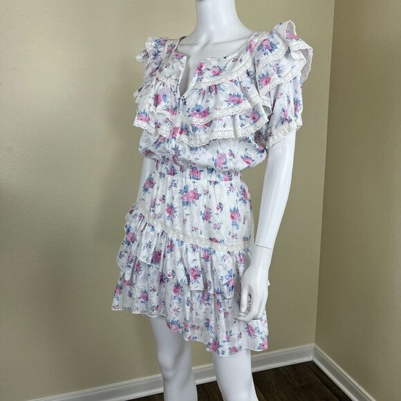 Fanco Women Size M White Floral Ruffle Tiered Crochet Cotton Mini Dress Pullover - Picture 9 of 15